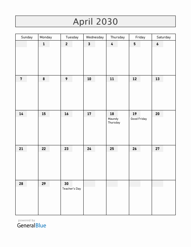 Paraguay April 2030 Calendar with Holidays
