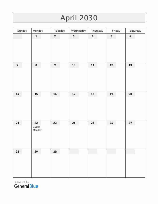 Reunion April 2030 Calendar with Holidays