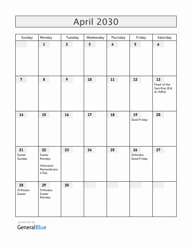 Serbia April 2030 Calendar with Holidays