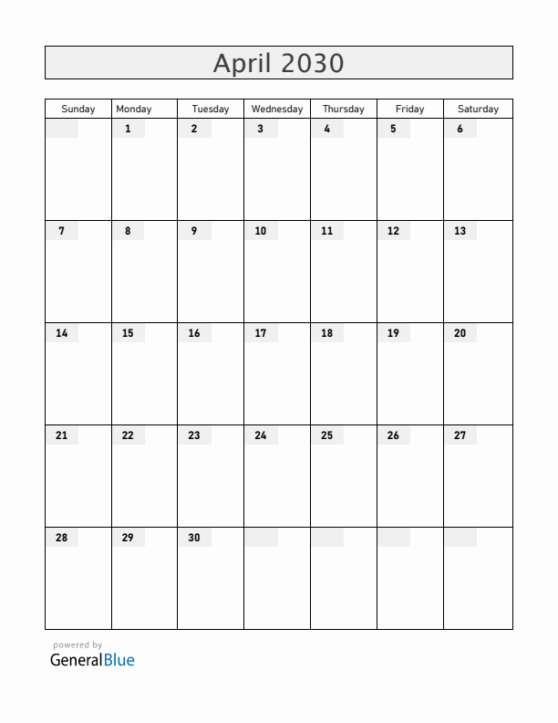 Russia April 2030 Calendar with Holidays