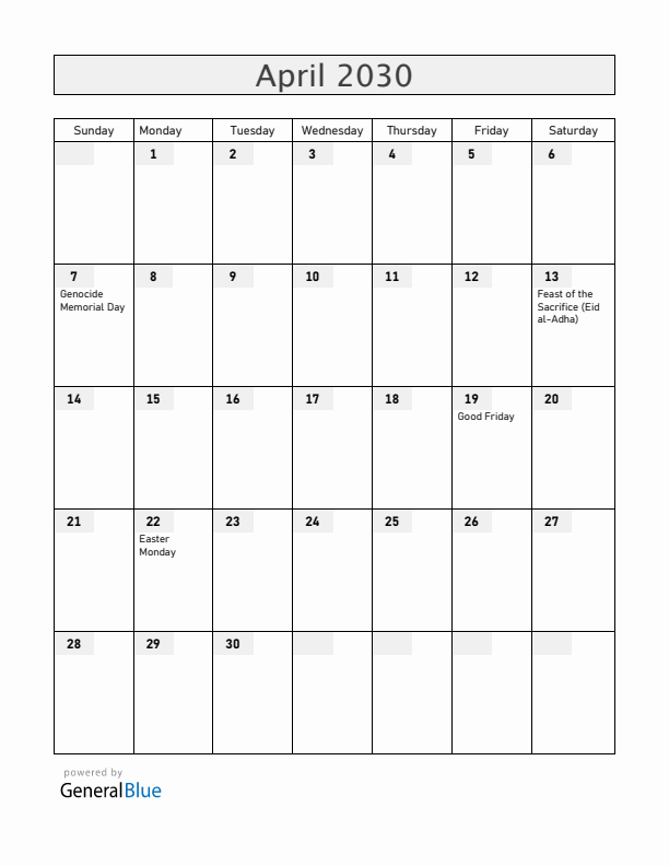 Rwanda April 2030 Calendar with Holidays