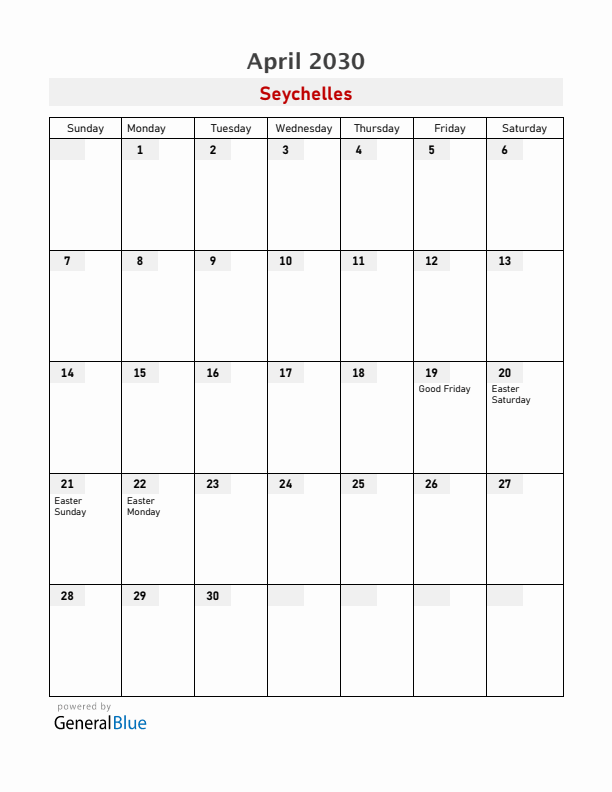 Seychelles April 2030 Calendar with Holidays