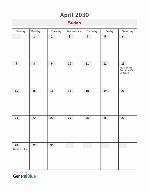Sudan April 2030 Calendar with Holidays