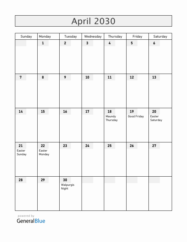 Sweden April 2030 Calendar with Holidays