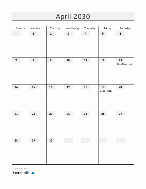 Singapore April 2030 Calendar with Holidays