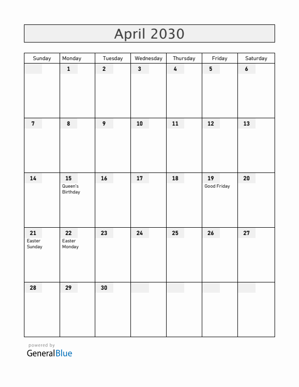 Saint Helena April 2030 Calendar with Holidays