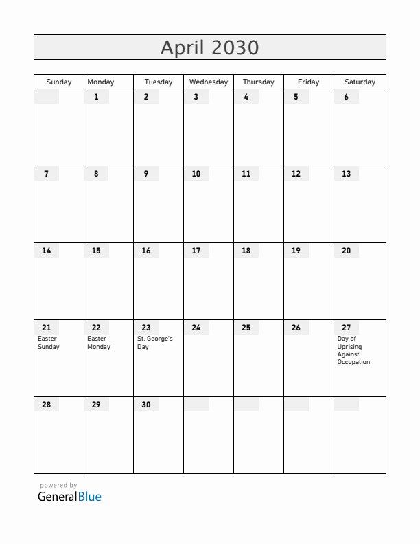 Slovenia April 2030 Calendar with Holidays