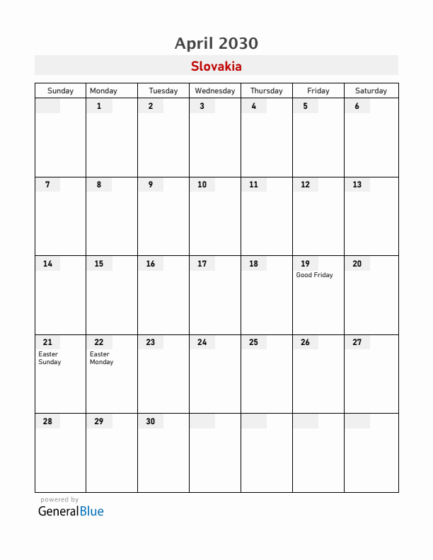 Slovakia April 2030 Calendar with Holidays