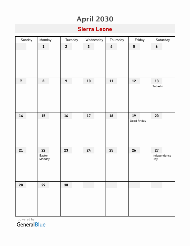 Sierra Leone April 2030 Calendar with Holidays