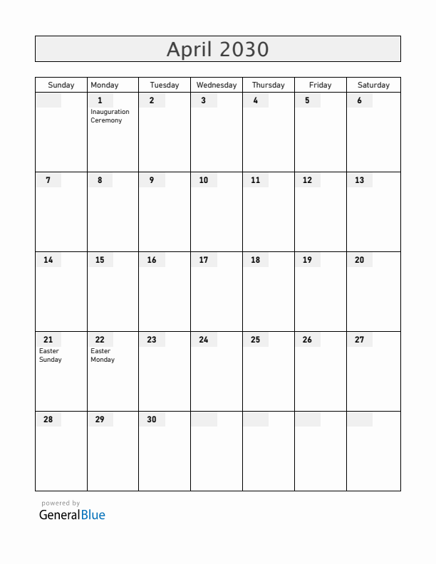San Marino April 2030 Calendar with Holidays