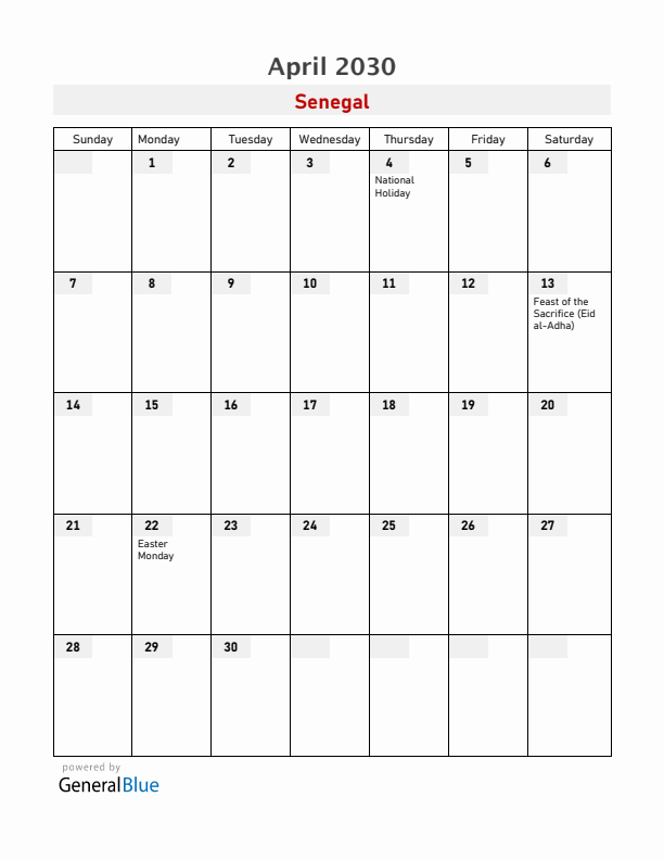 Senegal April 2030 Calendar with Holidays