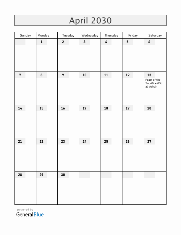 Somalia April 2030 Calendar with Holidays