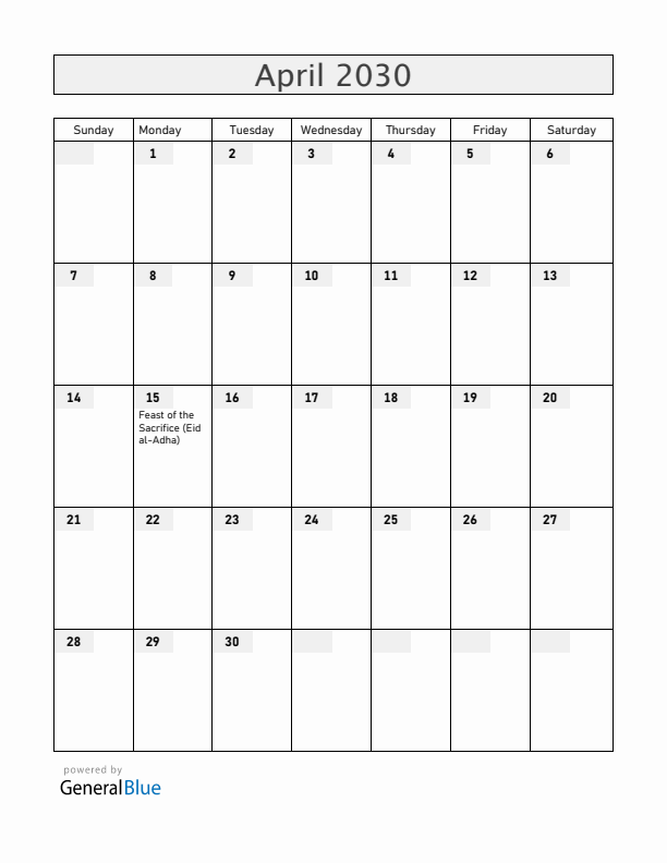 South Sudan April 2030 Calendar with Holidays