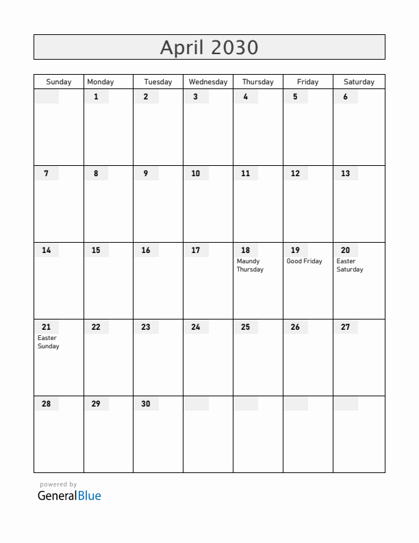 El Salvador April 2030 Calendar with Holidays
