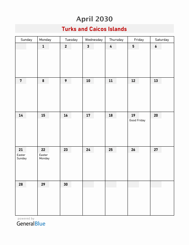 Turks and Caicos Islands April 2030 Calendar with Holidays