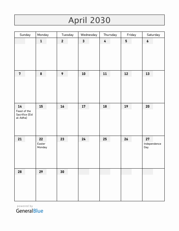 Togo April 2030 Calendar with Holidays