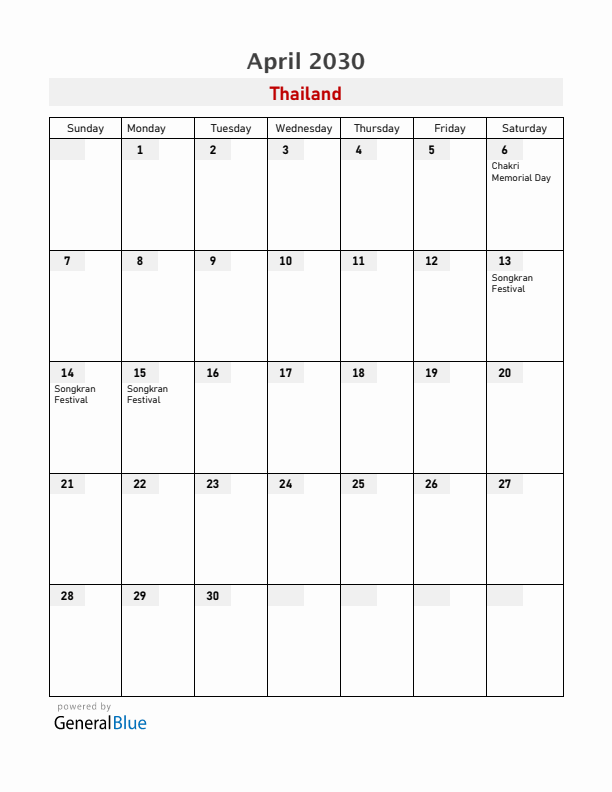 Thailand April 2030 Calendar with Holidays