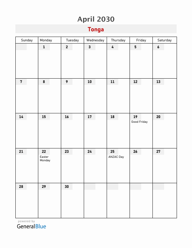 Tonga April 2030 Calendar with Holidays