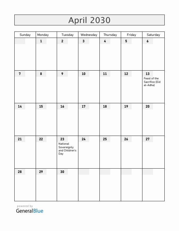 Turkey April 2030 Calendar with Holidays