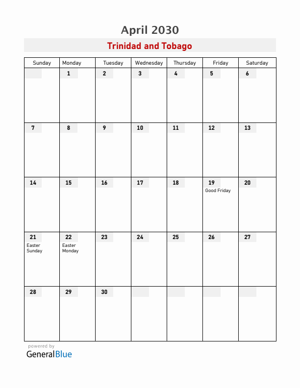 Trinidad and Tobago April 2030 Calendar with Holidays