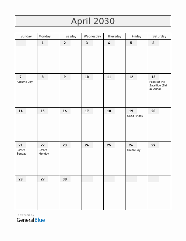Tanzania April 2030 Calendar with Holidays