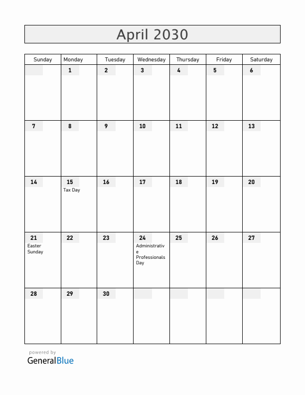 United States April 2030 Calendar with Holidays
