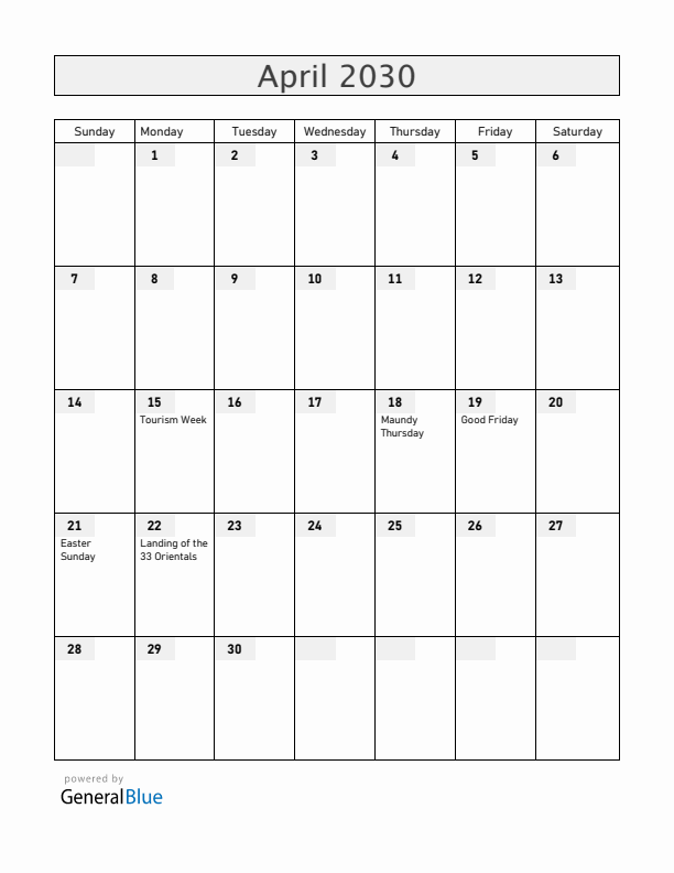 Uruguay April 2030 Calendar with Holidays