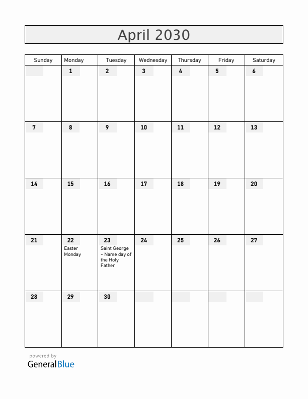 Vatican April 2030 Calendar with Holidays