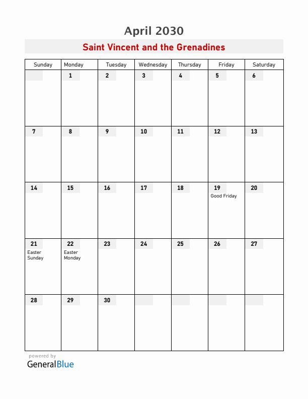 Saint Vincent and the Grenadines April 2030 Calendar with Holidays