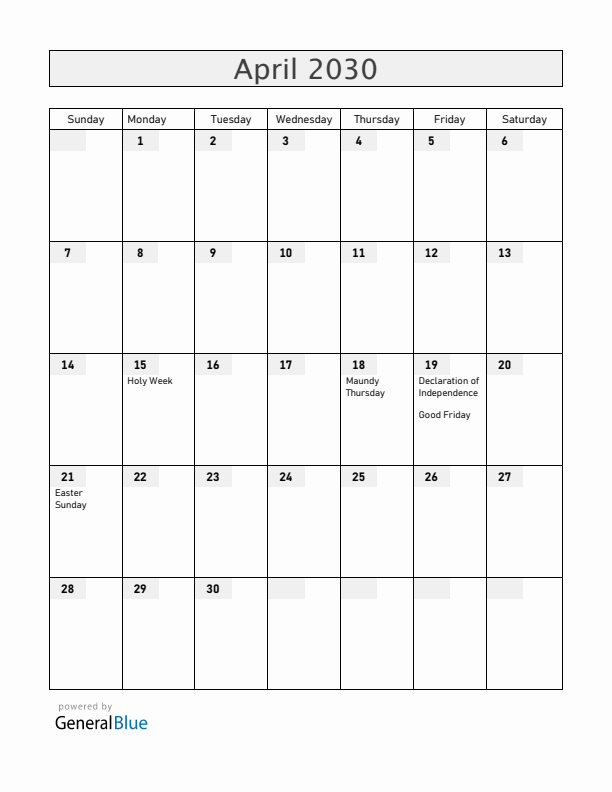 Venezuela April 2030 Calendar with Holidays