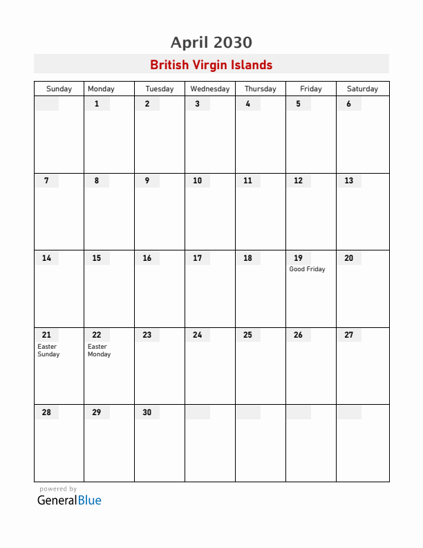 British Virgin Islands April 2030 Calendar with Holidays