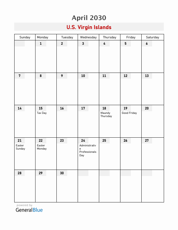 U.S. Virgin Islands April 2030 Calendar with Holidays