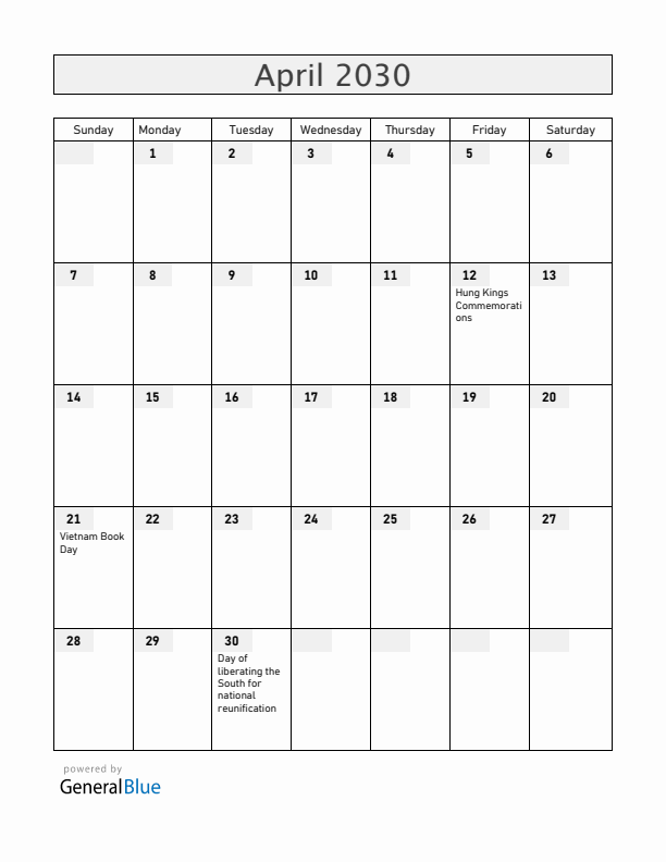 Vietnam April 2030 Calendar with Holidays