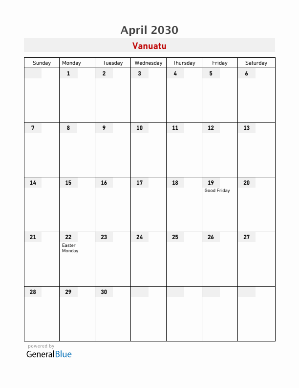 Vanuatu April 2030 Calendar with Holidays