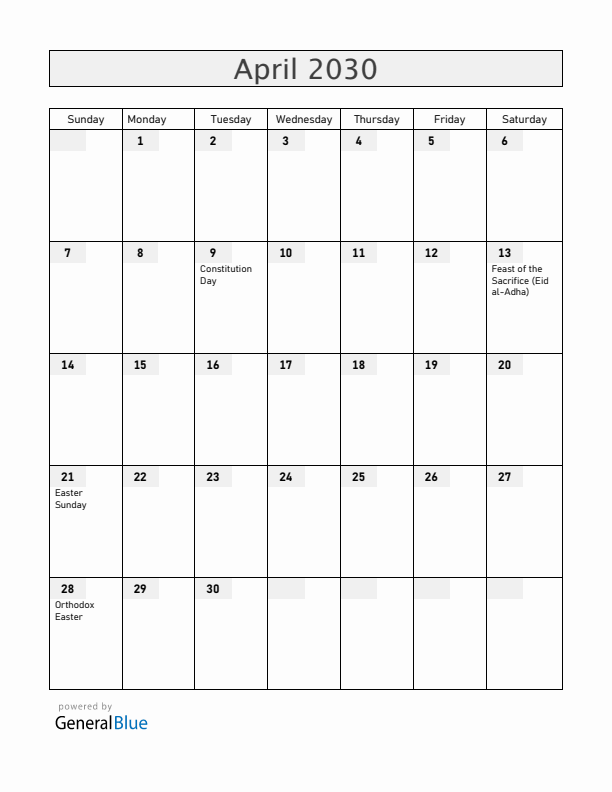 Kosovo April 2030 Calendar with Holidays