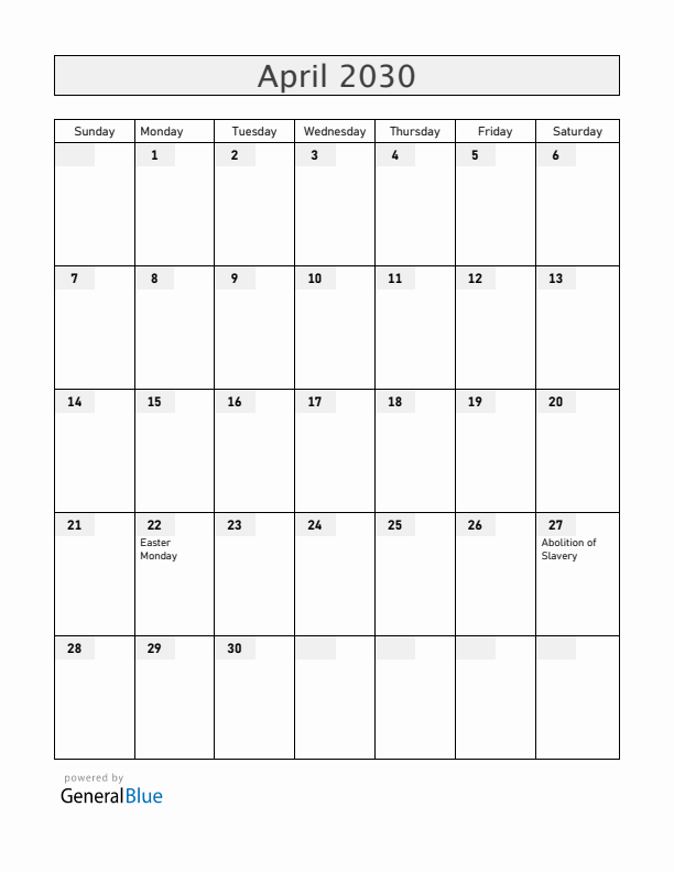 Mayotte April 2030 Calendar with Holidays
