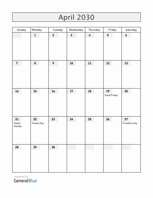 South Africa April 2030 Calendar with Holidays