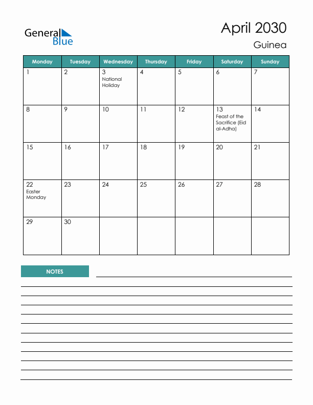 Calendar with Notes Printable - Monday Start
