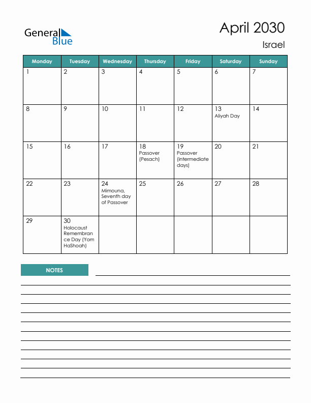Calendar with Notes Printable - Monday Start
