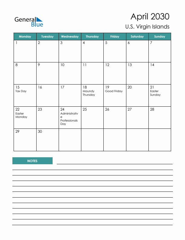 Calendar with Notes Printable - Monday Start
