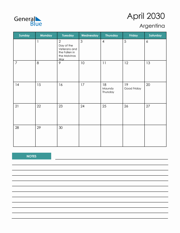 Calendar with Notes Printable - Sunday Start