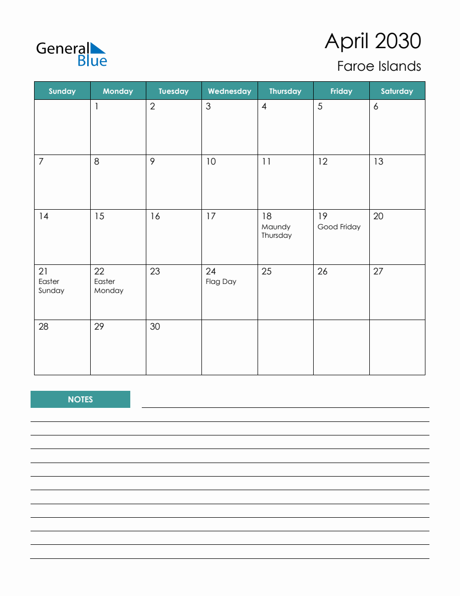 Monthly Planner with Faroe Islands Holidays - April 2030
