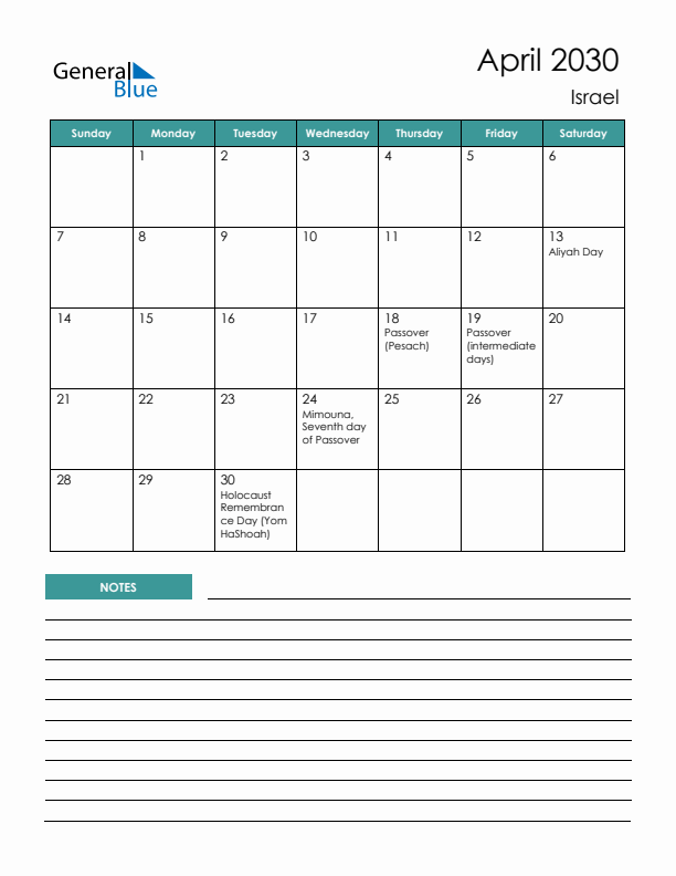 Calendar with Notes Printable - Sunday Start
