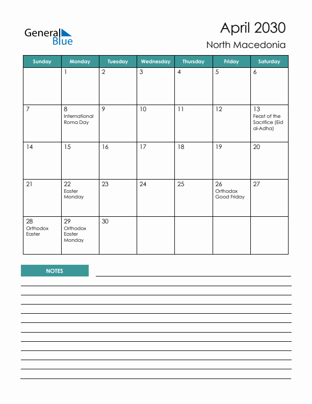 Calendar with Notes Printable - Sunday Start