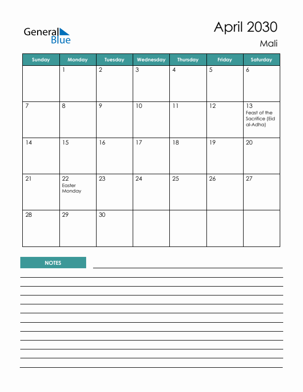 Calendar with Notes Printable - Sunday Start