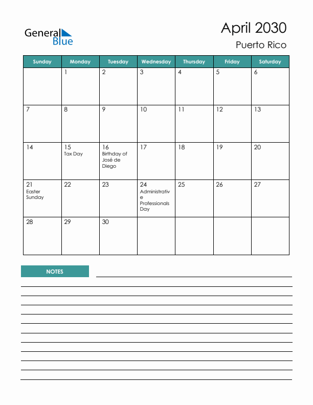 Calendar with Notes Printable - Sunday Start