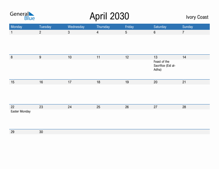 Fillable April 2030 Calendar