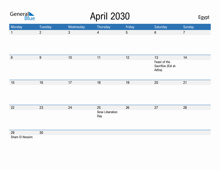 Fillable April 2030 Calendar