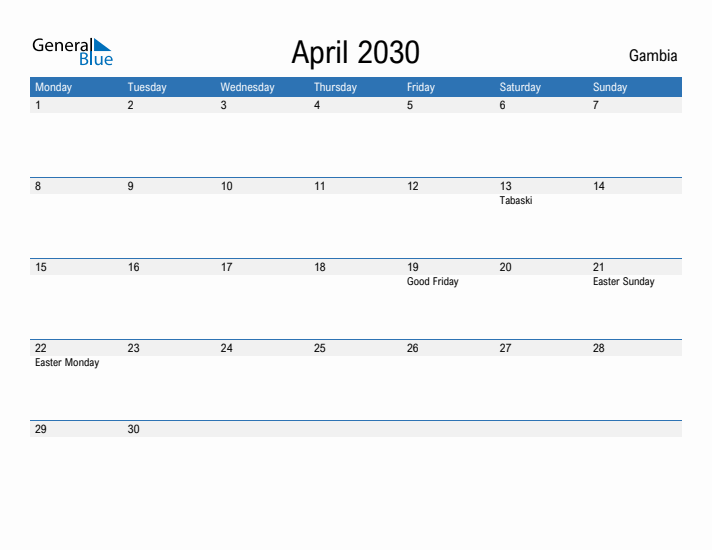 Fillable April 2030 Calendar