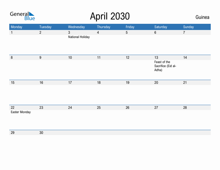 Fillable April 2030 Calendar